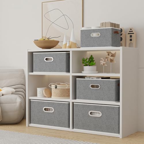 Yawinhe Foldable Storage Baskets for Shelves,16.9x11.8x10.2in,Grey,4-Pack | Collapsible Storage Bins for Towels, Container with Leather Handle for Organization, Fabric Rectangle Boxes for Home - color: Grey, size: 16.9x11.8x10.2inch(4-Pack)