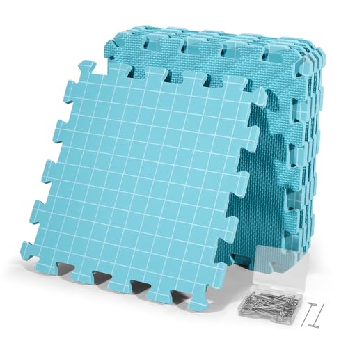 CraftyManor 9 PCS Blocking Mats for Knitting & Crochet Projects, Crochet Blocking Mat with 50 T- Pins, Knitting Board and Pins (Blue 9PCS) - color: Blue 9PCS-0.36in