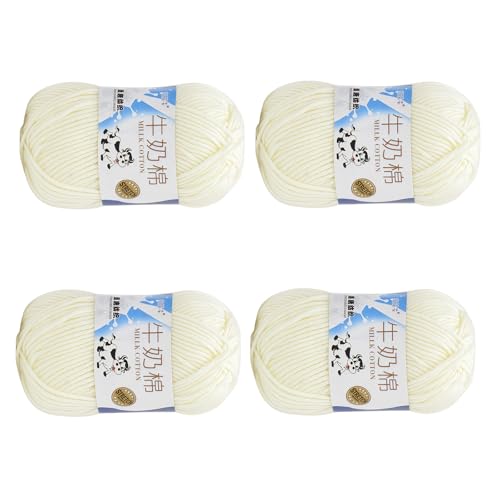 4 Rolls Comfy Blend Milk Wool Plain Knitting & Crochet Yarn Bulk Starter Kit for Colorful Craft DIY - color: IVORY
