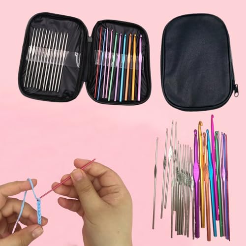 23 PCS Crochet Hooks Set Ergonomic Aluminum Handles Steel Tips Yarn Needles Crochet Accessories with Storage Case(Black) - color: Black