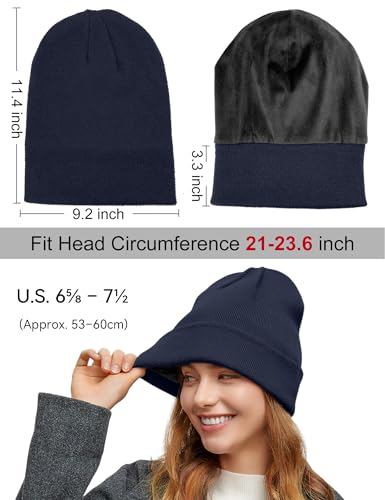 Fleece Lined Wool Beanie Hat Men Women, Warm Cuffed Winter Cap | 50% Wool Thermal Knit, Soft Velvet Fleece Liner, Long Style Full Ear Cover Warm Watch Cap, Tall Roomy Crown Skull Cap - color: Navy Blue