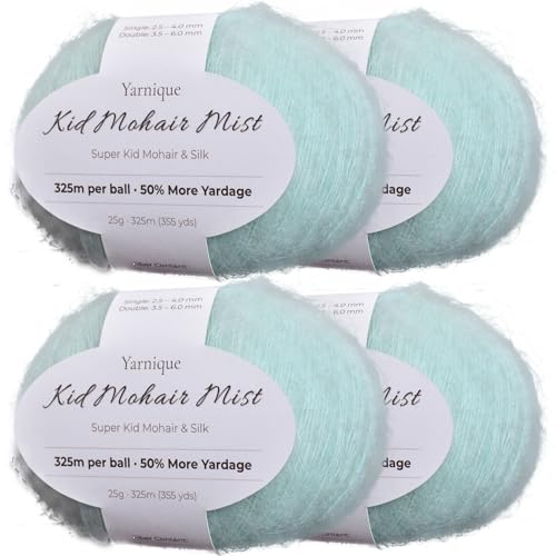 Kid-Silk Mohair Yarn, Lace Weight, 4 Balls 100g, 1420 yds | Yarnique 325m Per Ball | More Yardage | Sweaters & Tops | Stable Stitches (05 Mint Aqua) - color: 05 Mint Aqua