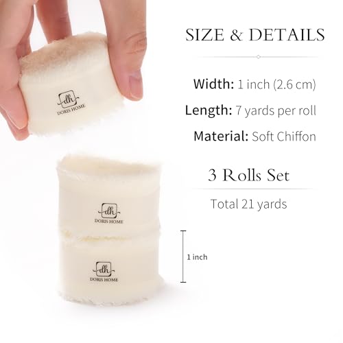 DORIS HOME Handmade Frayed Fringe Chiffon Ribbon 1" x 21Yd Cream White | Fabric Ribbon, For Flower Bouquet/Gift Wrapping/Wedding Invitations/Party Decorations - color: Cream White