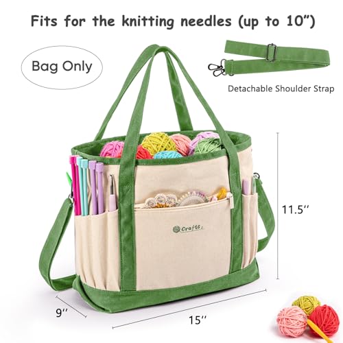 Canvas Yarn Storage Organizer Bag Washable Crochet Bag with Pockets for Yarn, Hooks, Needles – Travel Knitting Tote for Crafters – Gift for Crocheters & Knitters (Medium/Large) - color: Lime, size: Large-15”
