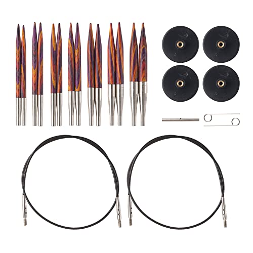 Knit Picks Radiant Wood Short Interchangeable Knitting Needles Set US 4-10 | 7 sizes of 2.75 inch long knitting needles in multicolor, includes cables, end caps, and connectors. - color: Radiant
