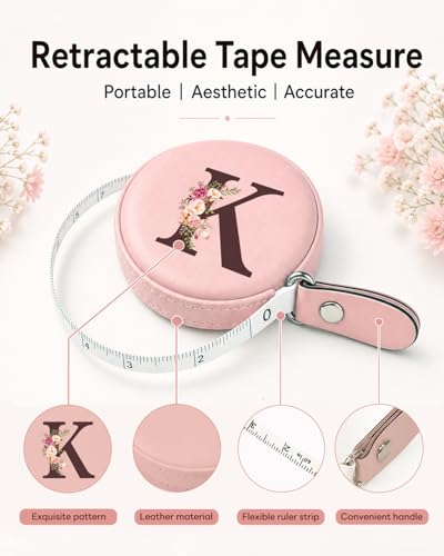 Maicican Retractable Tape Measure, Pink Leather Sewing Measuring Tape, K | with Initial A-Z, 60"/1.5m Soft Sewing Measuring Tape for Body Measurements, Portable Small Fabric Ruler - color: Tape Measure-Pink K