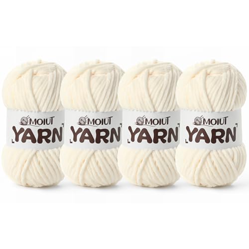 4 Packs Fluffy Chenille Yarn for Crocheting, Chunky Velvet Yarns for Crochet Amigurumi, Baby Yarn for Crocheting Soft Blanket, 349.9yds /14.1 oz Bulky Yarns for Crafts/Hats/Shoes/Socks (4 Milky White) - color: [4 Milky White]