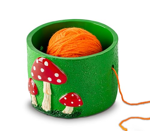 Green Resin Mushroom Yarn Bowl Holder with Dual Holes for Knitting Crochet | Green resin mushroom yarn storage bowl with side outlet holes to keep yarn smooth and tangle-free for knitting and crochet.