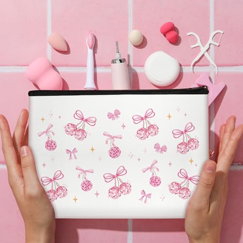 Coquete Makeup Bag Pink Bow Disco Makeup Bsg for Teen Girls Preppy Cosmetic Bags Gift Trendy Cute Aesthetic Stuff Travel Toiletry Bag for Women Birthday Chrismas - style: Pink Bow Disco