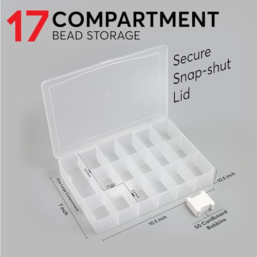 BULK PARADISE Embroidery Floss Organizer Box with 50 Cardboard Bobbins - 17 Compartments Clear embroidery thread organizer box, Snap-Tight Clear Sewing Organizer - Jewelry Bead Holder (Made in USA)
