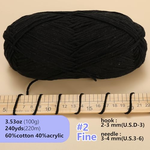 LUCKY BALL Milk Cotton Yarn, 100g / 240 yd 60% Cotton 40% Acrylic #2 Fine Sport Yarn, Soft Crochet & Knitting Yarn for Amigurumi Dolls, Baby Items, Flowers, Hats, Sweaters, Blankets (Black) - color: 1Black