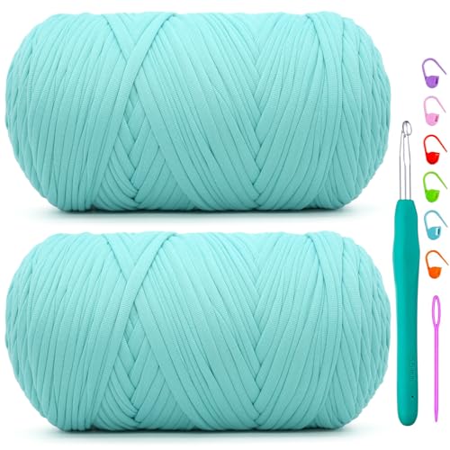 2 Pack Tshirt Yarn for Crochet,Blue T Shirt Soft Elastic Fabric Chunky Thick T-Shirt Crochet Yarn for Crocheting Knitting Beginner Hand Knitting Bag/DIY Craft/Home Decor 2 * 400G-Aqua Blue - color: Aqua Blue, size: 2 PACK