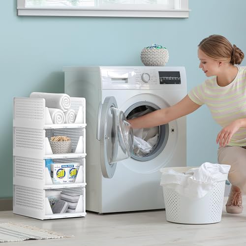 Sorbus Stackable Closet Organizer, Open-Front Shelf Bins (4 Medium) | Plastic shelves and baskets for clothes in pantries, bathrooms, kitchens, garages, cabinets and countertops. - size: 4 Medium