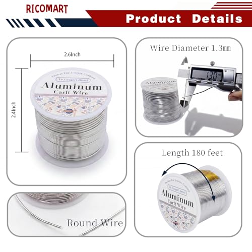 16 Gauge Aluminum Craft Wire Silver 180FT 1.3mm, Jewelry Making, Flexible Bendable Armature Wire for Sculpting, Floral Crafts, Metal Wire Wrapping, DIY Art Projects & Wreath Making - color: Silver, size: 16gauge