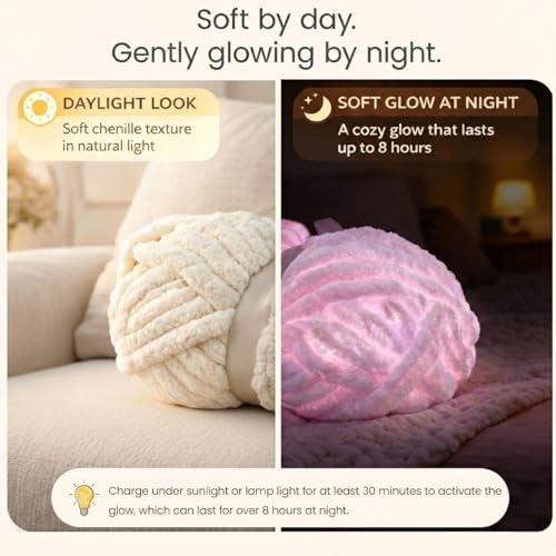 8 Pack Chunky Chenille Yarn for Hand Knitting, Glow in The Dark, Lavender | 8-pack jumbo chenille yarn with 1 glow-in-the-dark skein! Ultra-soft, fast to hand knit & perfect for DIY cozy gifts - color: Pink Glow+Lavender