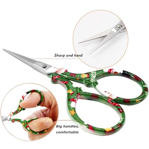 3.6 inch Scissors with Sheath for Embroidery Knitting Craft Yarn | Stainless Steel Scissors with Leather Scissor Cover Little Straight Stainless Steel Pointed Tip Shears for Thread Cutting - color: Green Christmas