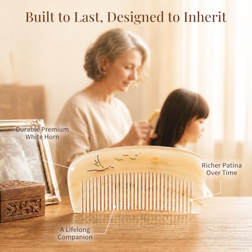 TAN MUJIANG Handmade White Horn Hair Comb for Women, Natural Anti Static Detangling Comb, Portable Travel Comb for Fine, Straight & Wavy Hair, Premium Gift Box Included