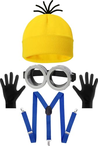 HEYFIZZ 4 Pcs Adult Halloween Costume Accessories, Group Costume Men Women | One Size Fits Most,Last Minute Adult Halloween Costumes,Yellow Beanie Hat,Adjustable Goggles,Gloves, Easy Family Costume