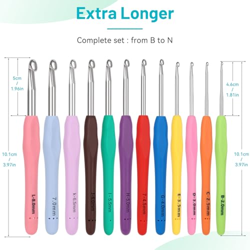 Coopay Crochet Hooks Set with Case, 12 Size Crochet Needles for Crocheting | Smooth & Ergonomic Extra Long Croche Hook for Beginner Adult Arthritic Hands,2mm(B)-8mm(L),Great DIY Craft Christmas Gift - color: Ergonomic Metal Set With Case