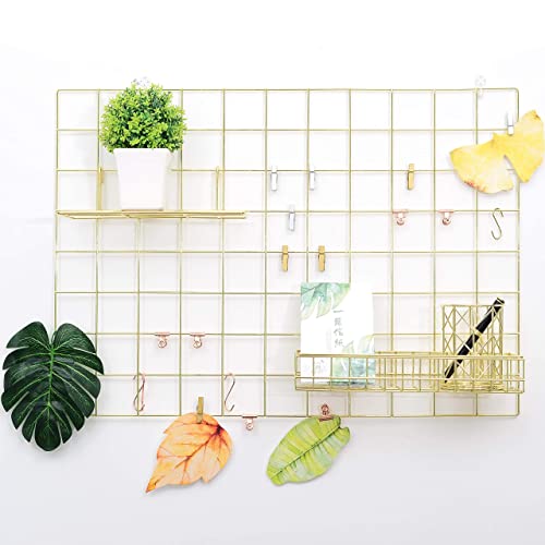 Grid Wire Board,for Memo Picture Panel Wall Decoration | for Room Office Mat Photo Hanging Art Display Frames Desk Storage Organizer,17.3" x 11.8"(2Pack) (Gold)