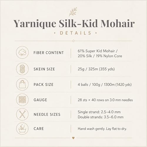 Kid-Silk Mohair Yarn, Lace Weight, 4 Balls 100g, 1420 yds | Yarnique Fine Lace Yarn | Smooth Knitting & Crochet | Light Fabric (12 Golden Honey) - color: 12 Golden Honey