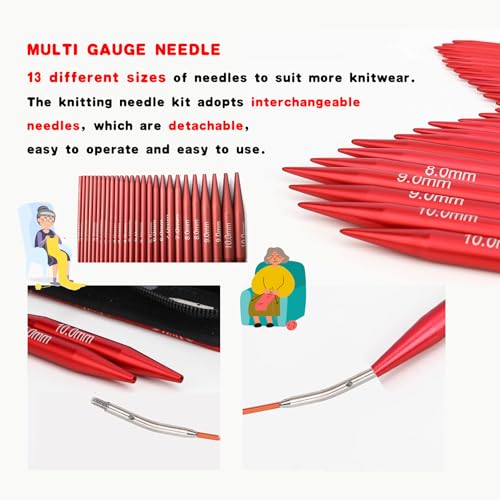 Red Circular Knitting Needles Interchangeable Knitting Needles Detachable Circular Interchangeable Knitting Needles Crochet Kit with Various Sizes for Gift or Crochet Sweater Knitting Needles
