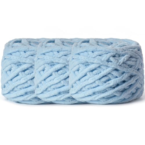 3 Pack Pack Plush Chenille Chunky Yarn 100g (49.2yd) - Fluffy Velvet Yarn Crochet for Blanket Knitting and Crocheting - Baby Yarns for Crocheting Soft - Amigurumi Yarns (Lake Blue) - color: 3 Lake Blue