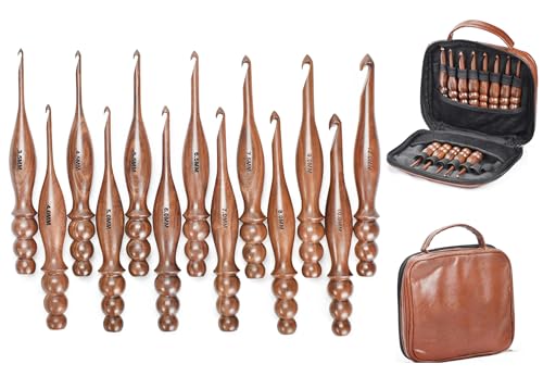 Wooden Crochet Hooks Set of 13 for Arthritic Hands | Ergonomic Soft Grip Handcrafted Knitting Needle for Crocheting and Knitting (Brown (Crochet - 3)) - color: Brown (Crochet - 3)