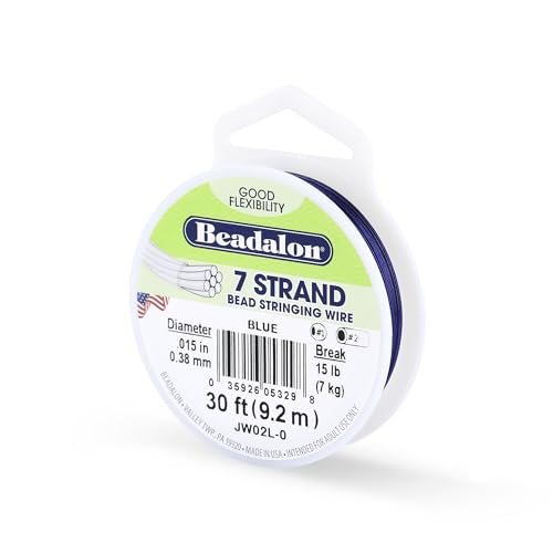Beadalon 7-Strand Stainless Steel Beading Wire, .015 in / 0.38 mm - Blue | Nylon-Coated, Polished Finish, Tarnish-Resistant, 30 ft DIY Jewelry Making, & Everyday Bead Stringing Projects, Made in USA - color: Blue, style: .015 in / 0.38 mm , 30 ft / 9.2 m