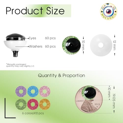 MUCUNNIA 120pcs 10mm 3D Glitter Safety Eyes for Crocheting with Washers Moon Crochet Amigurumi Eyes for Crochet Animals Craft Eyes Doll Eyes Stuffed Crochet Eyes for Crafts Gift for Crochet Lovers - size: 10mm