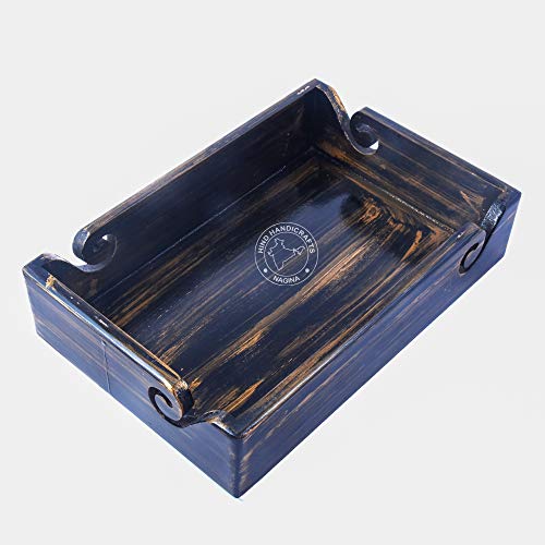 Solid Handmade Crafted Wooden Portable Antique Yarn Storage Bowl Tray - Holder for Knitting Crochet Hook Accessories - Multipurpose Organiser (Black Gold, 12" x 8" x 2.5") - color: Black Gold