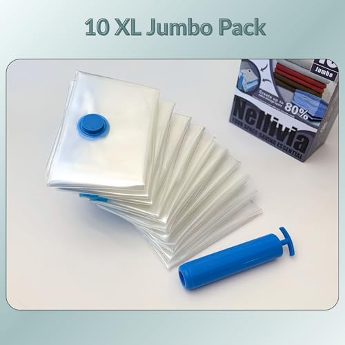 10 XL Jumbo Vacuum Storage Bags with Pump | Extra Large Compression Space Saver, For Comforter, Duvet, Blanket, Bedding, Vacuum Seal for Clothing