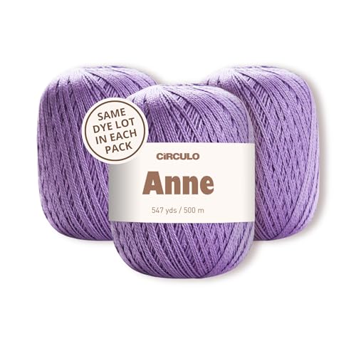 CIRCULO Anne Yarn Pack, 1641 yds for Knitting & Crochet, 3 Balls of 100% Mercerized Brazilian Virgin Cotton, Soft Fingering Weight, Color 6399 Azalea - color: Purple (6399 - Azalea), style: 3-Pack