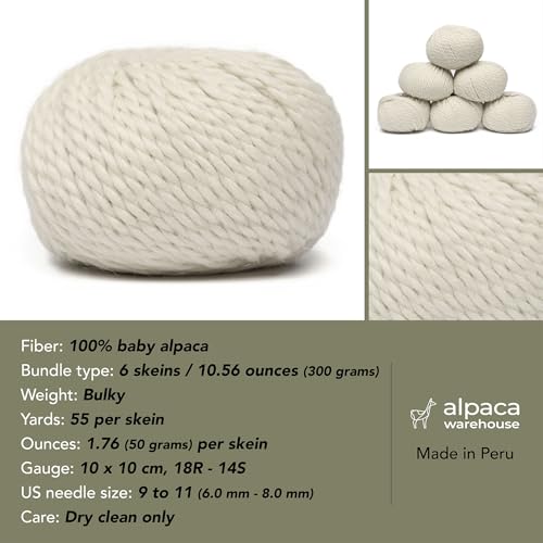 100% Baby Alpaca Yarn 6 Skeins 300g Bulky Weight Knitting Crochet A. White | Made in Peru with natural warmth and softness featuring 324yd of premium fiber ideal for scarves shawls sweaters and more - color: Alabaster White, size: Bulky - 6 Skeins