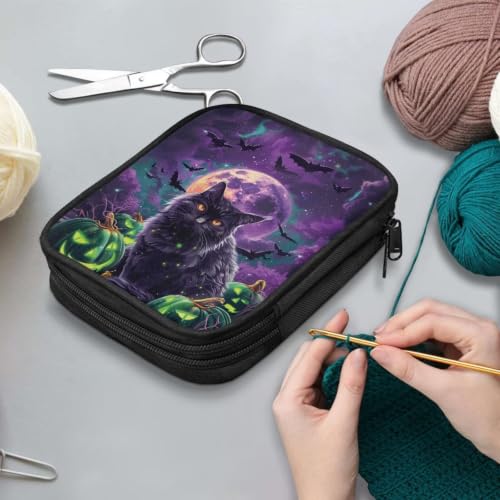 Vanideaoty Black Cat Crochet Hook Case Halloween Crochet Hook Organizer | Portable, without Accessories, Knitting Needle Case for Knitting Supplies Halloween Decoration - color: Black Cat Moon
