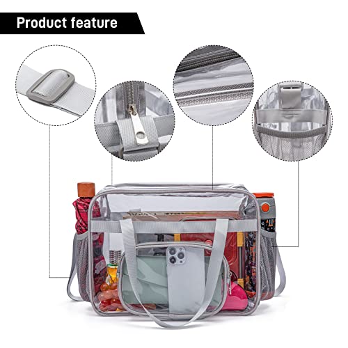 Clear Bags Stadium Approved,See Through Tote Bag+Shoulder Strap Large Transparent Bag - color: Large Size Grey