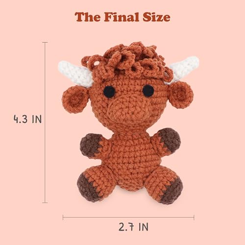 HOUSE CREATIVITY Crochet Kit for Beginners, Make a Highland Cow, Amigurumi Starter Kit with Step-by-Step Video Tutorial, Yarn, Hook & Stuffing, Stress Relief DIY Craft Gift for Adults - color: Cow