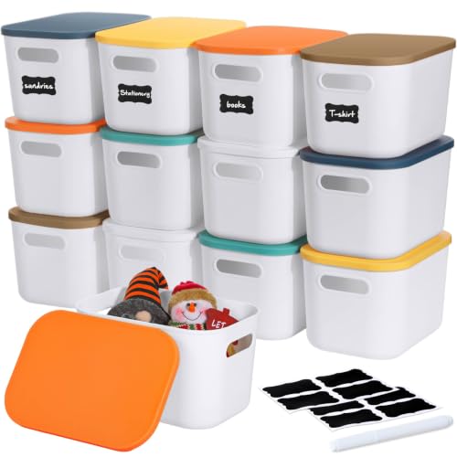Thyle 12 Pack White Plastic Storage Bins with Lids, Back to School Stackable Storage Container with Handle Label for Organizing Toy Craft for Classroom Shelf Bedroom Office 10 x 7 x 6 Inch - color: White
