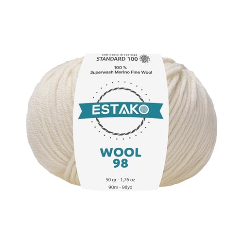 Estako Wool 98 100% Soft Superwash Merino Wool Worsted Weight Yarn, Ecru | 1.76 oz, 98 yds, cyc 4 medium, aran, machine washable, 5 mm needles, 6 mm hook, 20 sts gauge - color: 6350 - Ecru, size: 1 Skein
