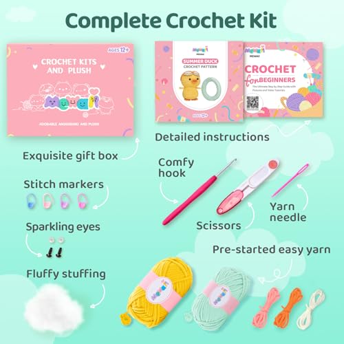 Mewaii Summer Duck Crochet Kit for Beginners, 40% Extra Yarn | Video Tutorial, Pre-Started Piece, Gift Box, Level 1 Starter Kit, Family Craft for Adults, Kids & Beginners - color: Blue and Yellow