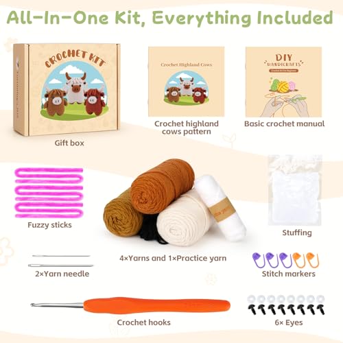 Fortuning's JDS Crochet Kit for Beginners - Crochet Highland Cow Beginner Crochet Kit for Adults, Complete Scottish Cow Crochet Animal Kits, Easy Crocheting Knitting Starter Kits Gifts - color: Brown Highland Cow