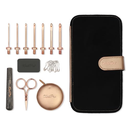 KnitPro Oasis Starter Crochet Hook Set - 1 Wooden Handle, 7 Hooks in Sizes 2mm to 5mm, 1 Rose Gold Scissors, 1 Tape Measure, 10 Metal Locking Stitch Markers, 1 Gripper - size: Starter