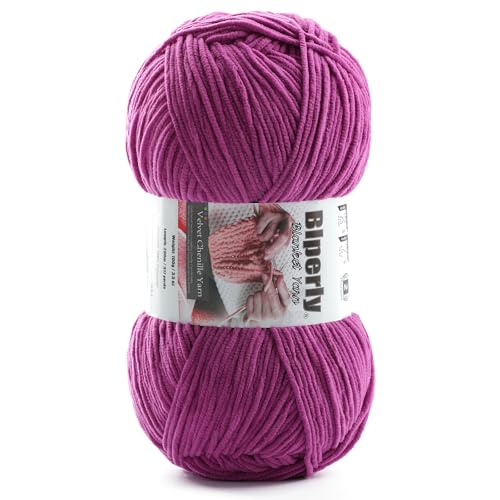 Skinny Chenille Yarn for Crocheting and Knitting - 1 Pack of 100g/317yds Ultra Soft Fluffy Plush Velvet Yarn - #2 Crochet Yarn for Amigurumi, Blankets, Plush Dolls, Baby Clothes (1, Violet) - color: Violet