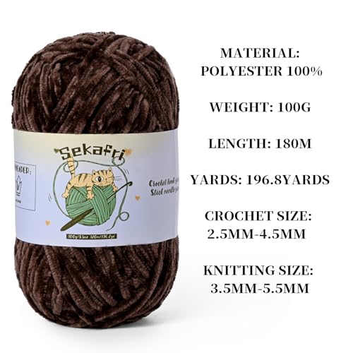 3 Pack of 300g (590yds) Fuzzy Chenille Yarn for Crocheting,Fluffy Amigurumi Crochet Yarn for DIY Craft/Hat/Clothes, Soft Velvet Baby Blanket Yarns（3 Coffee） - color: 3 Coffee