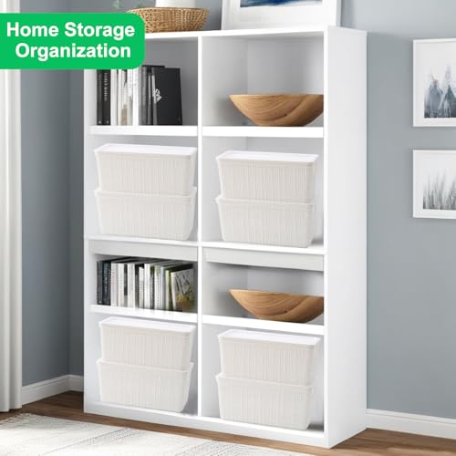 6 Pack Plastic Storage Baskets with Lid,White Stackable Bins | Durable Woven Plastic With handle Breathable,Save space,For Organizing Desktops, Closets, Playrooms, Classrooms, Offices - color: White