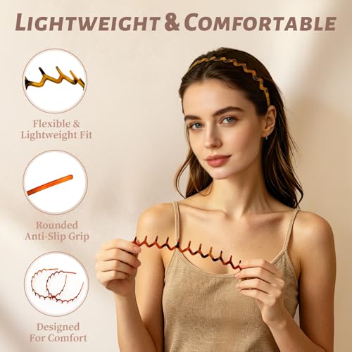 PIPUHA 2 Pack Zig Zag Headbands for Women, Matte Amber & Tortoise Comb Headband, Non Slip Headband with Teeth for Slick Back Hair, Vintage Wavy Hair Accessories for Daily Styling