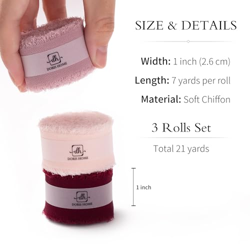 DORIS HOME Handmade Fringe Chiffon Ribbon 1" x 21Yd Burgundy & Pink | Fabric Ribbon, For Flower Bouquet/Gift Wrapping/Wedding Invitations/Christmas Decorations/Party Decor - color: Burgundy and Pink