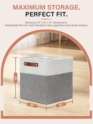 DULLEMELO [Set of 4 Storage Cubes Baskets for Organizing, 12 x 12 x 12 inch Cube Storage Organizer Bins with Leather Handles, Foldable Fabric Cloth Bins for Cube Storage(4 Pack - 12" White&Grey) - color: White&Grey, size: M-12"x 12"x12"