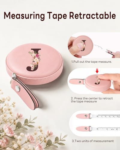 Maicican Retractable Tape Measure, Pink Leather Sewing Measuring Tape, J | with Initial A-Z, 60"/1.5m Soft Sewing Measuring Tape for Body Measurements, Portable Small Fabric Ruler - color: Tape Measure-Pink J