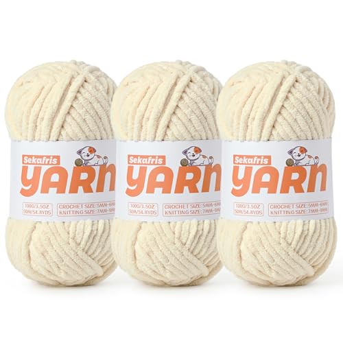 Soft Chunky Chenille Yarn for Crocheting-(300g/10.58oz) Bulky Knitting Crochet Yarn for Blankets-(150m/164yds) Fluffy Velvet Baby Yarn for Amigurumi&Crafts.(3 Beige) - color: 3 Beige